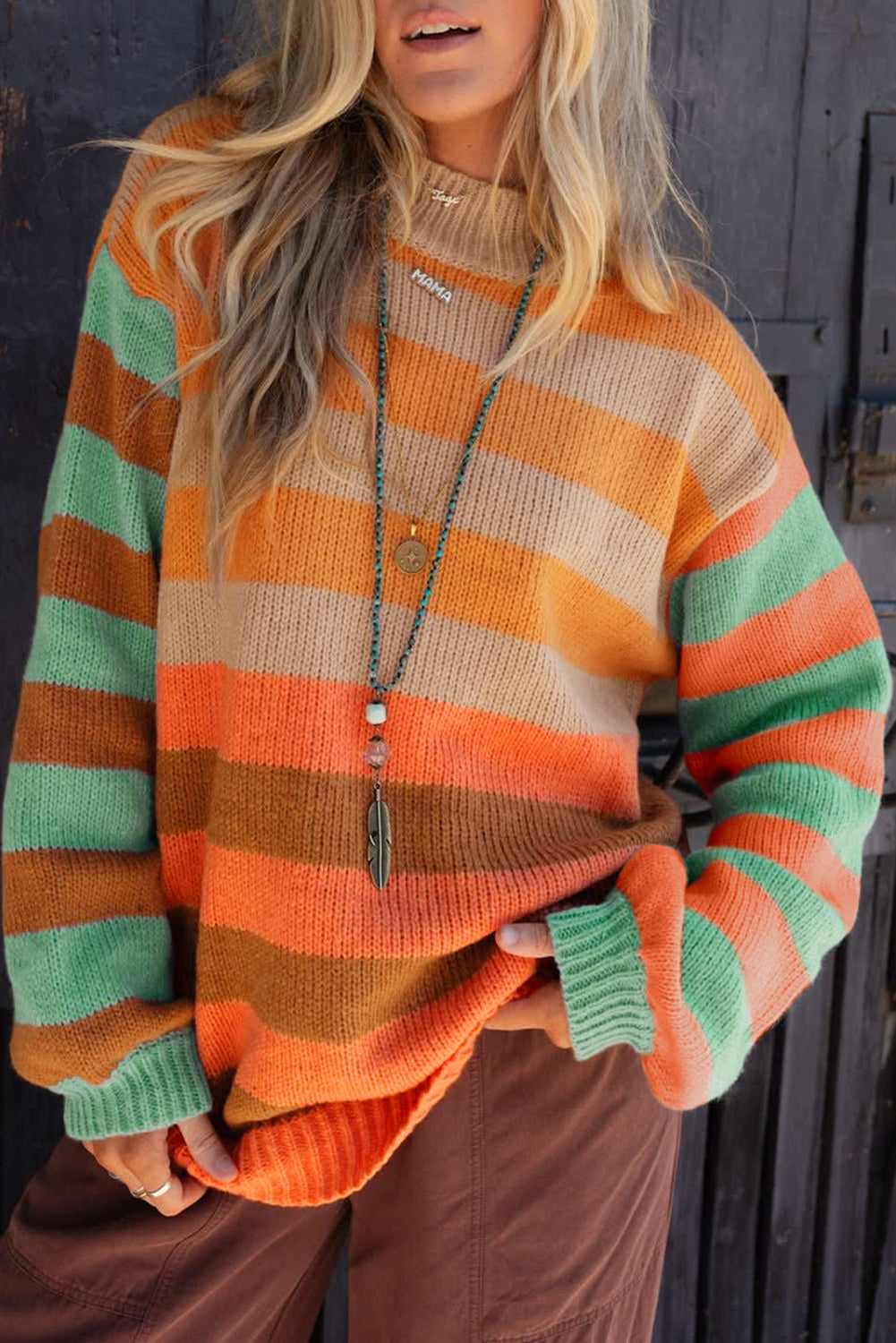 Stripe Color Block High Neck Drop Shoulder Cozy Sweater