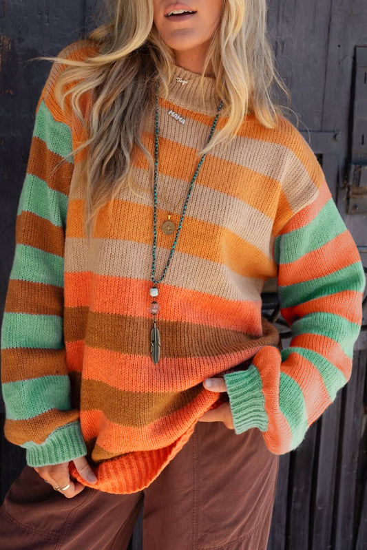 Stripe Color Block High Neck Drop Shoulder Cozy Sweater