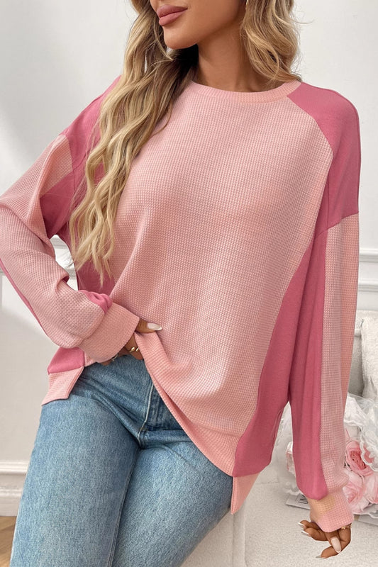 Colorblock Waffle Knit Crewneck Long Sleeve Top