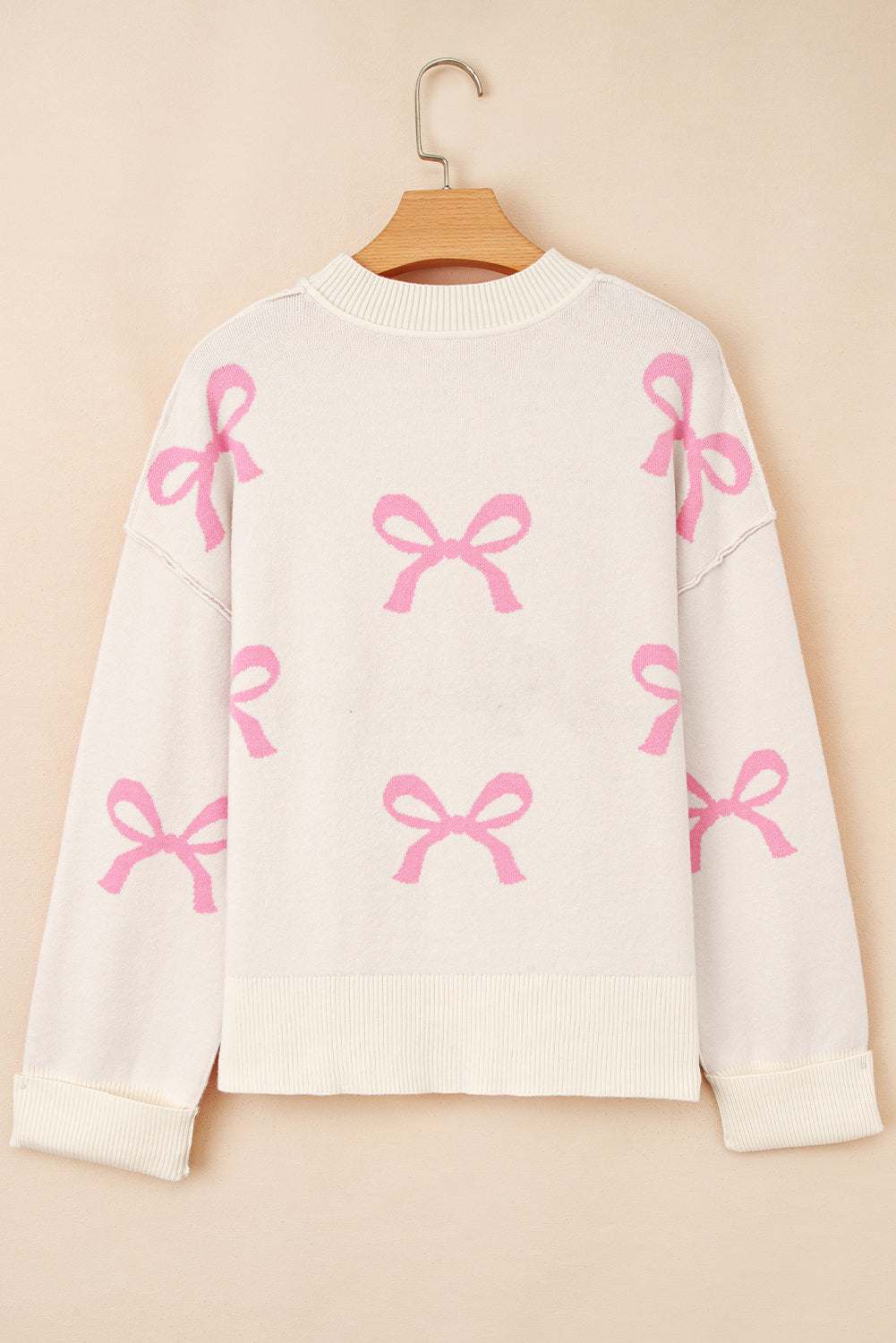 Pink Bow Print Ribbed Trim Casual Loose Sweater
