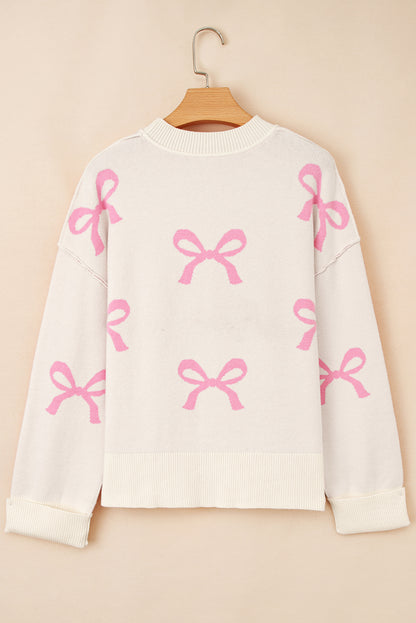 Pink Bow Print Ribbed Trim Casual Loose Sweater