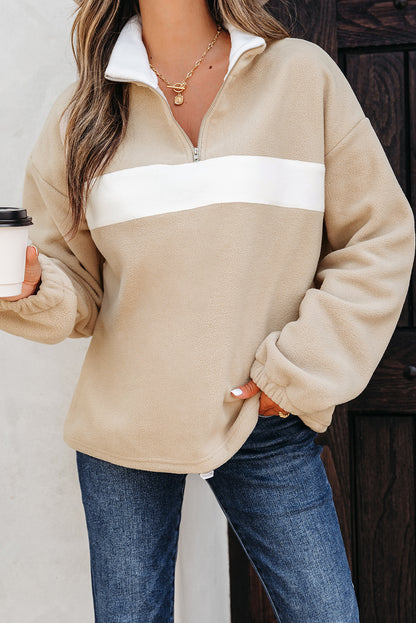 Parchment Fleece Colorblock Zipped Neck Pullover Sweatshirt
