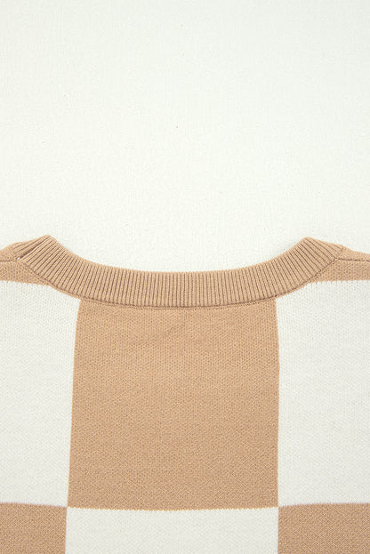 Checkered Colorblock Loose Knit Half Sleeve Sweater