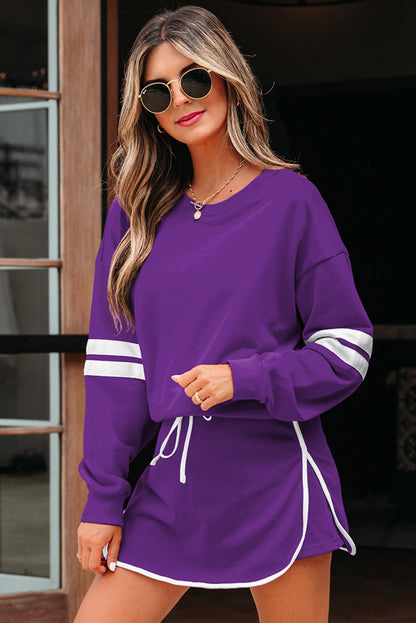 Varsity Stripe Pullover and Mini Skirt Two Piece Set