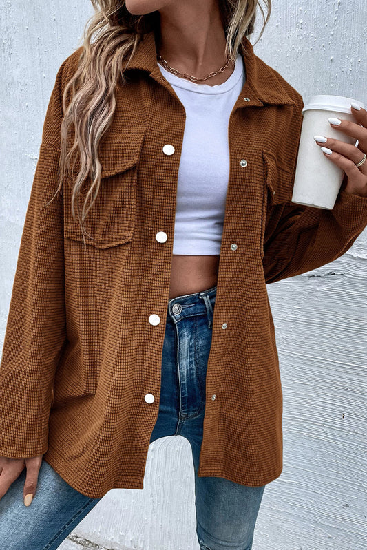 Brown Textured Drop Shoulder Flap Pocket Shacket