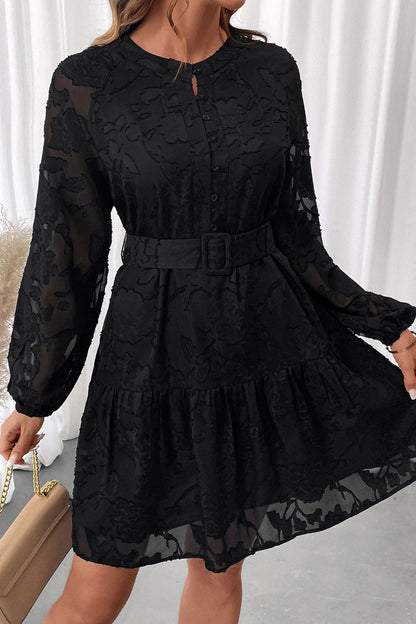 Festive Jacquard Long Sleeve Belted Party Dress