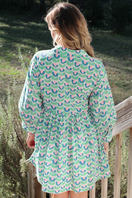 Scalloped Floral Mini Dress with Notched Neckline