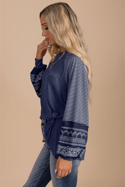 Contrast Print Striped Raglan Long Sleeve Loose Top