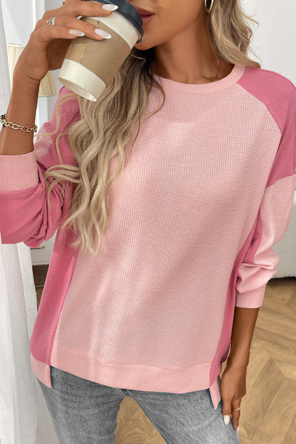 Colorblock Waffle Knit Crewneck Long Sleeve Top