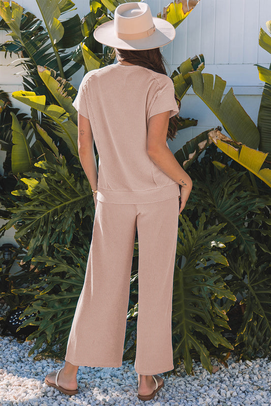 Solid Knit Short Sleeve Top and Wide Leg Pants Set