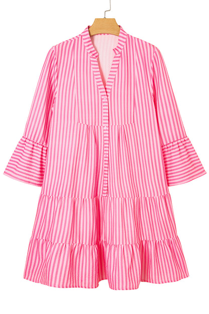 Pink Stripe V Neck Flare Sleeve Mini Dress