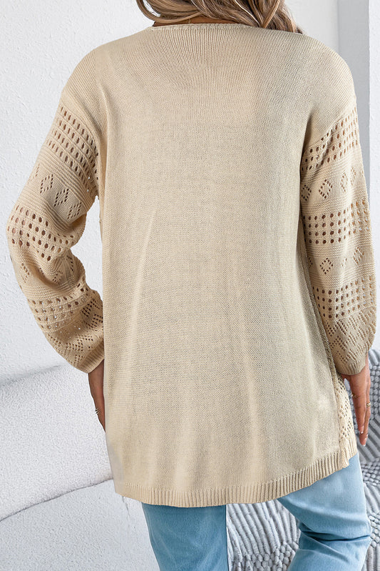 Solid Color Hollowed Knit Open Front Cardigan Sweater