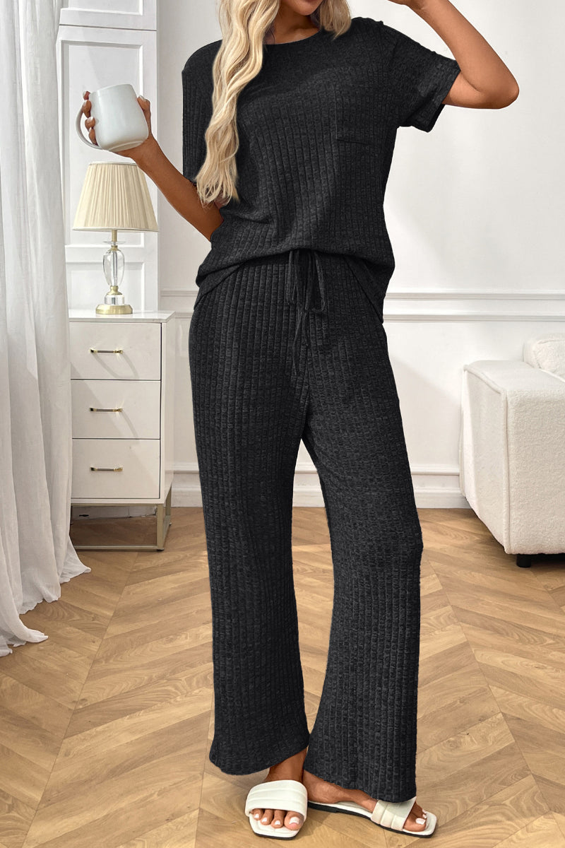 Women’s Casual Ribbed Pajama Set, Short Sleeve Pants