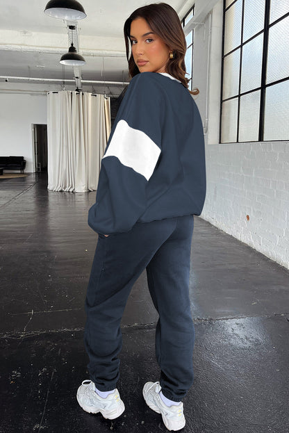 Drop Shoulder Color Block Sweatshirt Jogger Set
