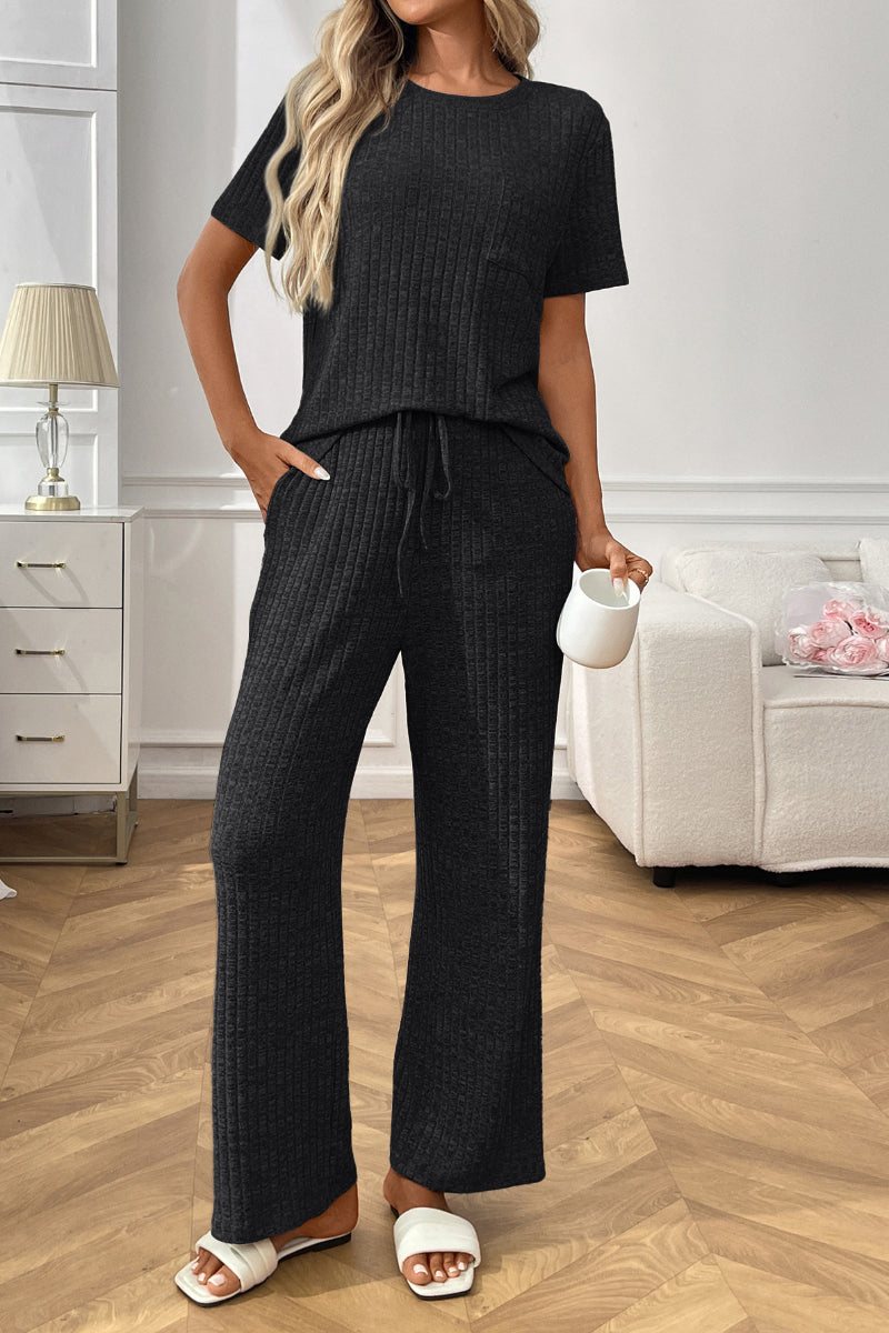 Women’s Casual Ribbed Pajama Set, Short Sleeve Pants