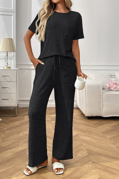 Women’s Casual Ribbed Pajama Set, Short Sleeve Pants