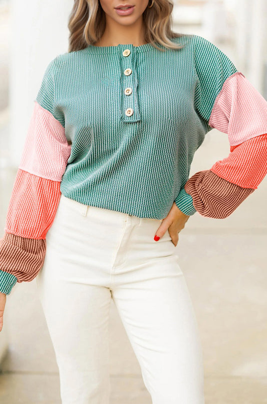 Multicolor Ribbed Knit Colorblock Henley Top