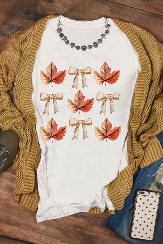White Fall Leaf Bow Thanksgiving Graphic Tee