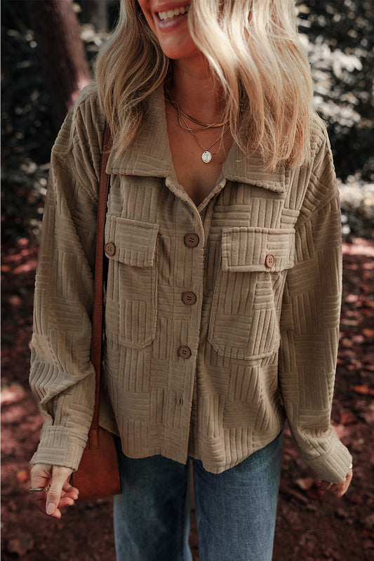 Dark Khaki Textured Button-up Shacket with Chest Pockets