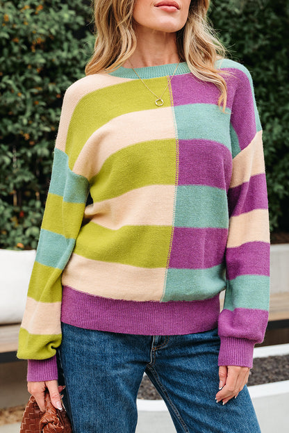 Colorblock Green Stripe Drop Shoulder Sweater
