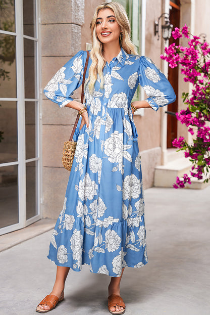 Floral Button Down Shirt Collar Dress with 3/4 Sleeves