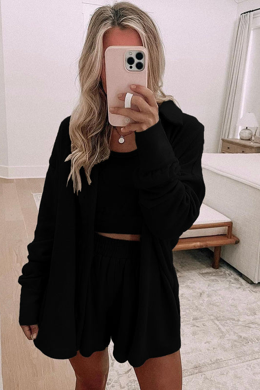 3 Piece Black Lounge Set with Cardigan