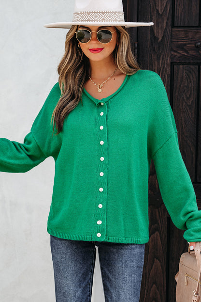 Bright Green Knit Button Front Drop Shoulder Cardigan