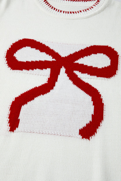 Bow Pattern Contrast Trim Christmas Loose Sweater