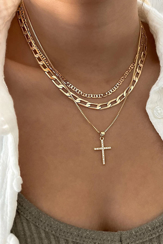 Gold Cross Rhinestone Layered Chain Necklace