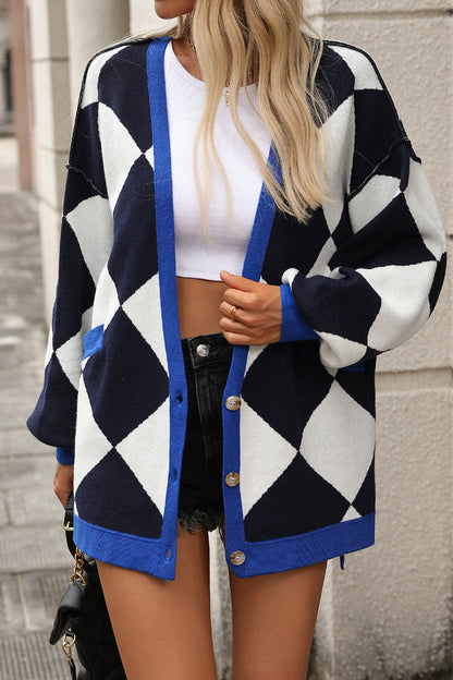 V-neck Colorblock Knit Cardigan Sweater - Casual and Chic
