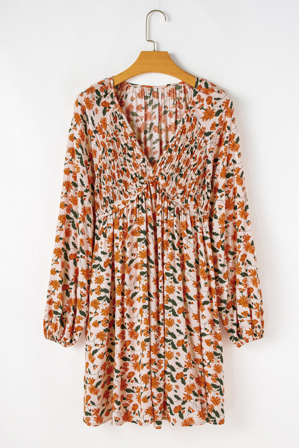 Floral V Neck Smocked Bust Bubble Sleeve Mini Dress