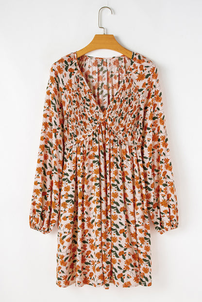 Floral V Neck Smocked Bust Bubble Sleeve Mini Dress