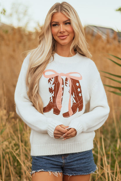 Western Boots Embroidered Bow Knit Sweater
