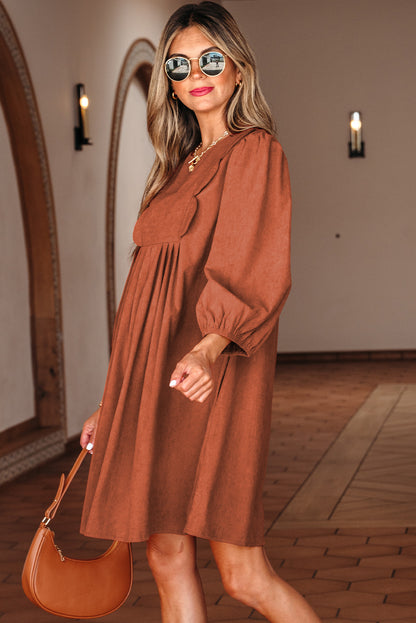 Bracelet Sleeve Split Neck Scallop Pleated Mini Dress