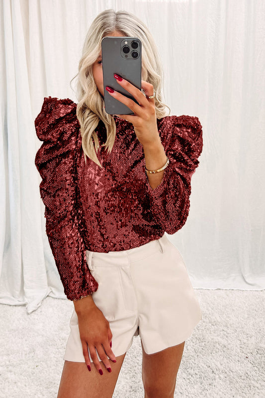 Sparkly Sequin Mock Neck Long Sleeve Party Top