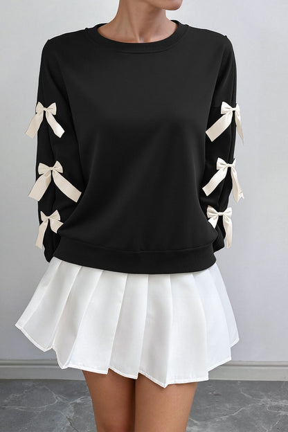 Crew Neck Pullover Top 3D Bowknot Trim Loose Sweatshirts