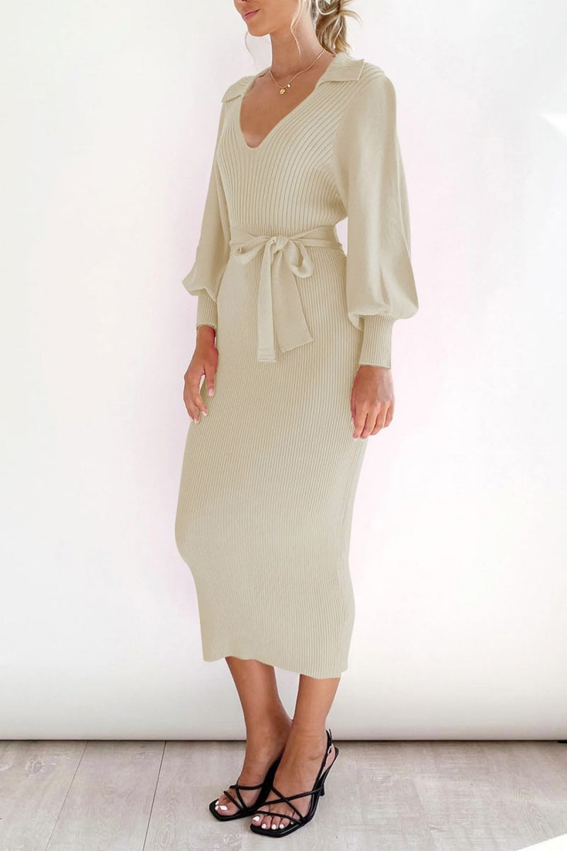 Elegant V Neck Lantern Sleeve Knit Belted Midi Sweater Dress