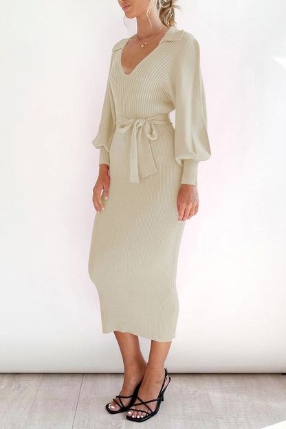 Elegant V Neck Lantern Sleeve Knit Belted Midi Sweater Dress