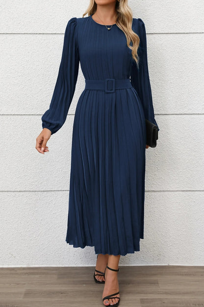 Elegant Fall Pleated Long Sleeve Belted Midi Dress