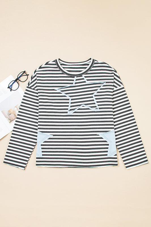Gray Stripe Knit Top with Star Patch Detail