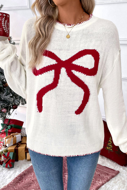 Bow Pattern Contrast Trim Christmas Loose Sweater