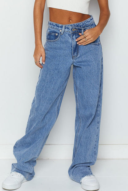 Mid Rise Asymmetrical Waist Wide Leg Jeans