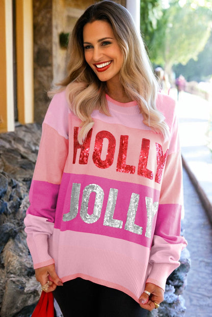 Sequined HOLLY JOLLY Color Block Crew Neck Sweater
