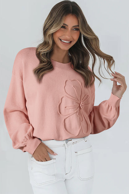 Blossom Big Flower Accent Bubble Sleeve Sweater
