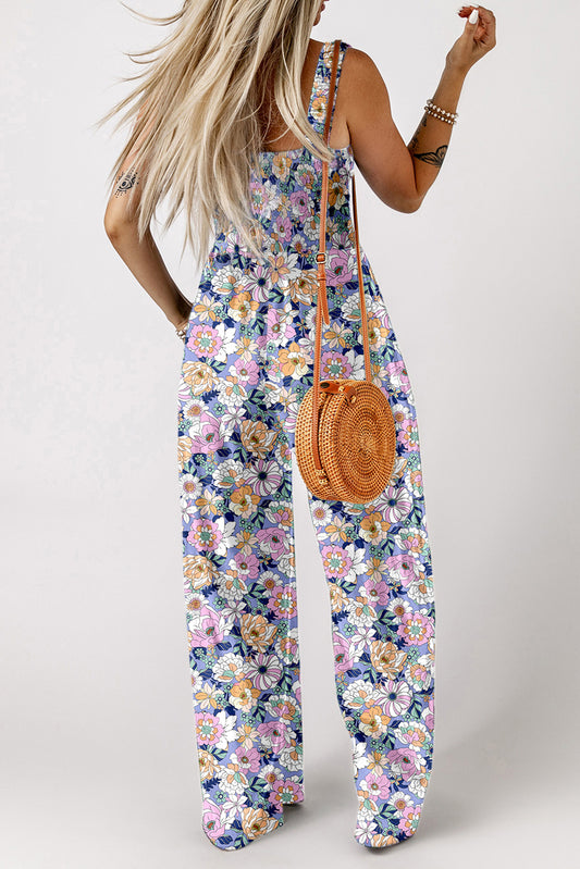 Floral Print Smocked High Waist Jumpsuit