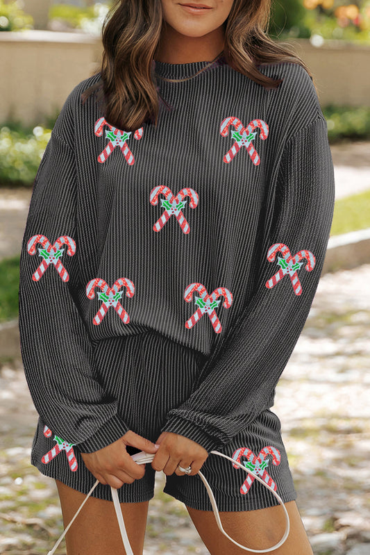 Candy Cane Sequin Long Sleeve Holiday Top and Shorts Set