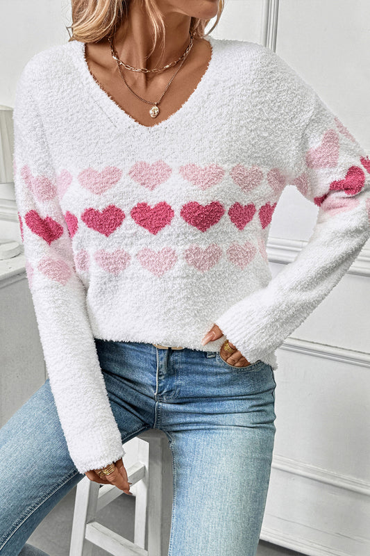 Sweetheart Print V Neck Pullover Sweater