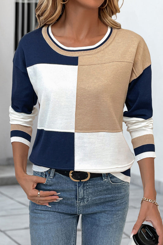 Colorblock Knit Pullover Crewneck Sweater Top