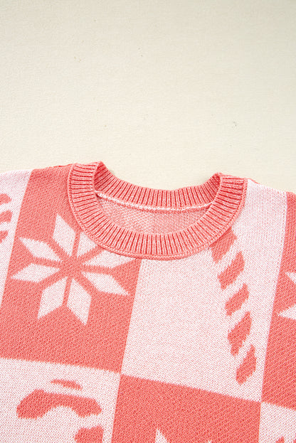 Candycane Snowflake Checker Christmas Loose Sweater