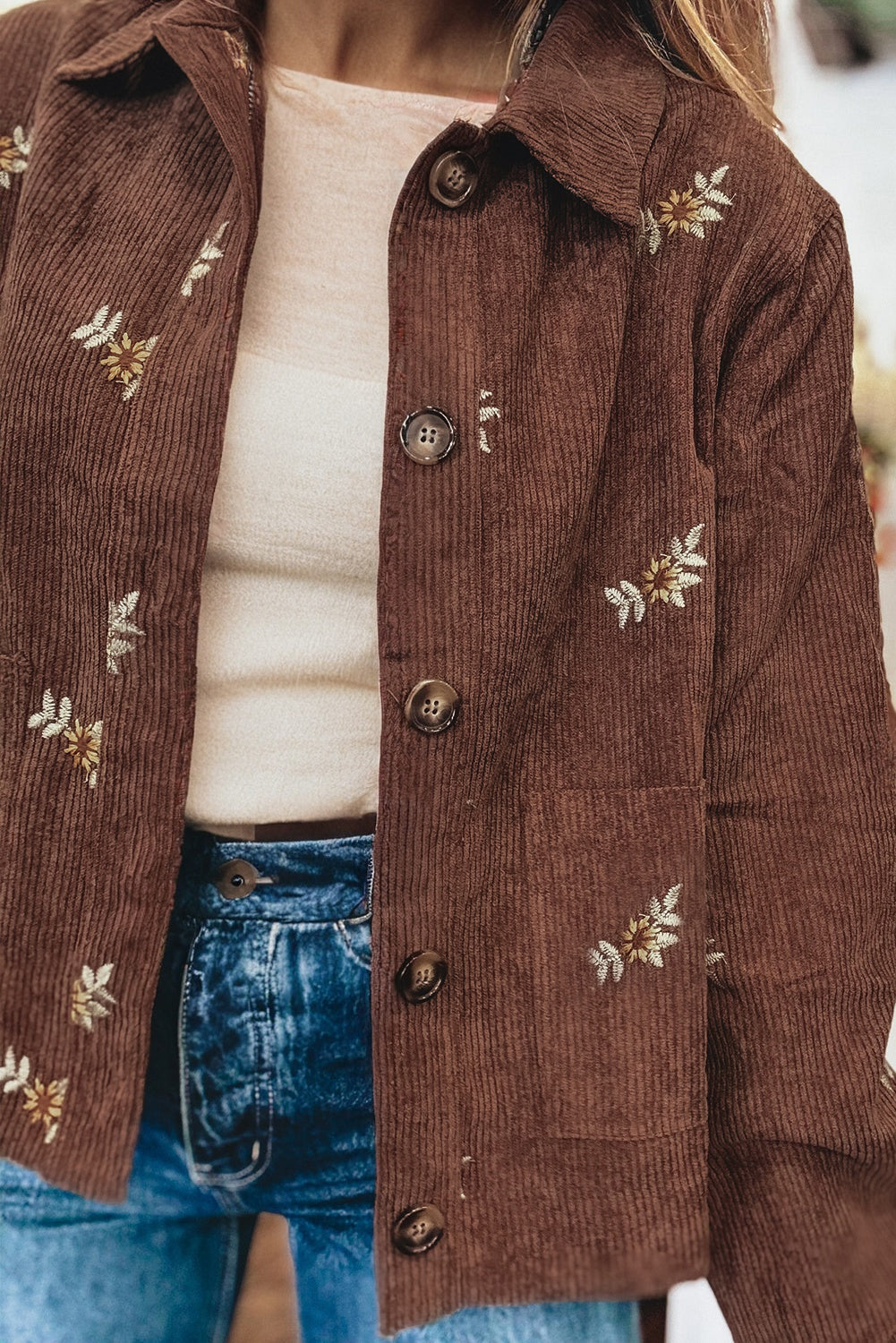 Floral Embroidered Corduroy Button Front Jacket With Pocket